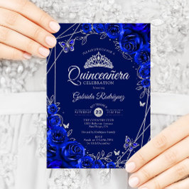 Invitación Flor de plata azul real Quinceanera