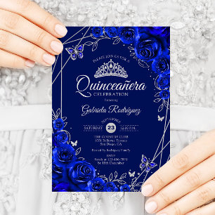 Invitación Flor de plata azul real Quinceanera