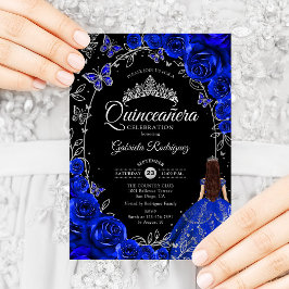 Invitación Flor de plata azul real Quinceanera