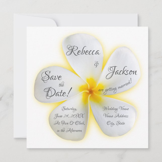 Invitación Flor de Plumeria Blanca, Amarillo, Boda, Guardar f (Anverso)