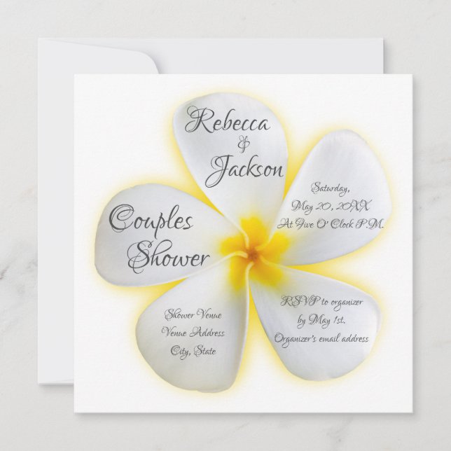 Invitación Flor de Plumeria Blanca, Amarillo, Ducha Pareja, (Anverso)