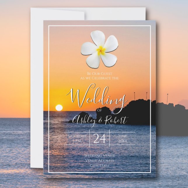 Invitación Flor de Plumeria Blanca con atardecer dorado, Boda (Subido por el creador)