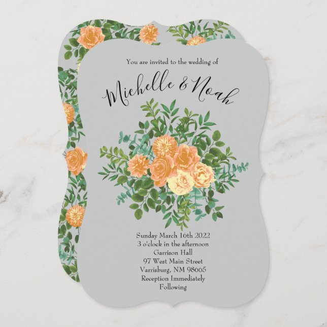 Invitación Flor de primavera de Boda gris permeable (Anverso / Reverso)