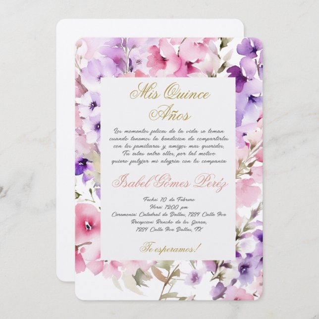 Invitación Flor de primavera quinceañera española (Anverso / Reverso)