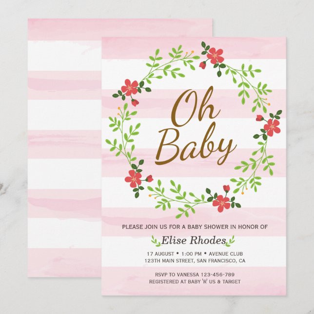 Invitación Flor de rayas rosadas dibujadas a mano ducha de be (Anverso / Reverso)