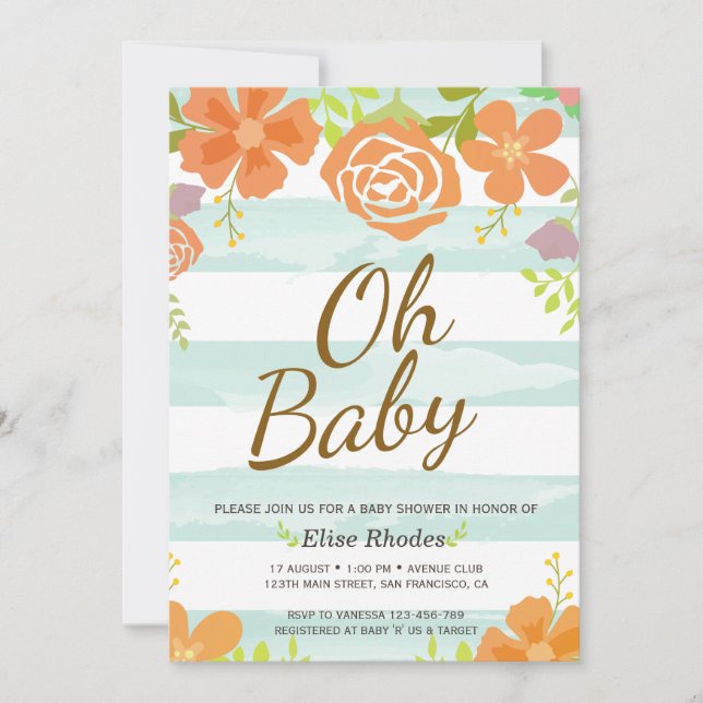 Invitación Flor de rayas verdes dibujadas a mano ducha de beb (Anverso)