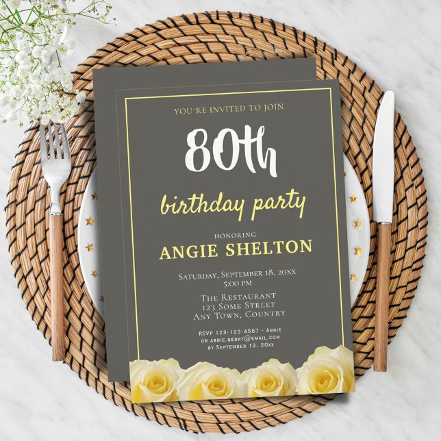 Invitación Flor de rosa amarilla Floral 80 cumpleaños (Subido por el creador)