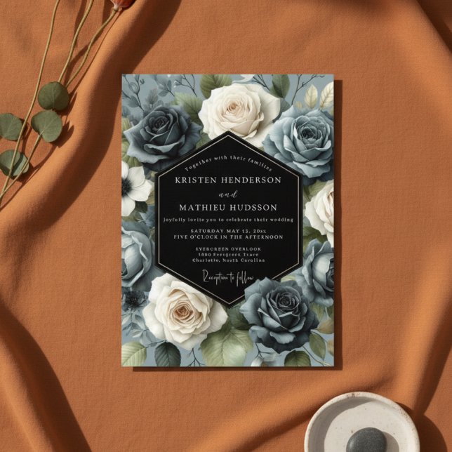 Invitación Flor de Rosa Azul Pizarra Boda (Subido por el creador)