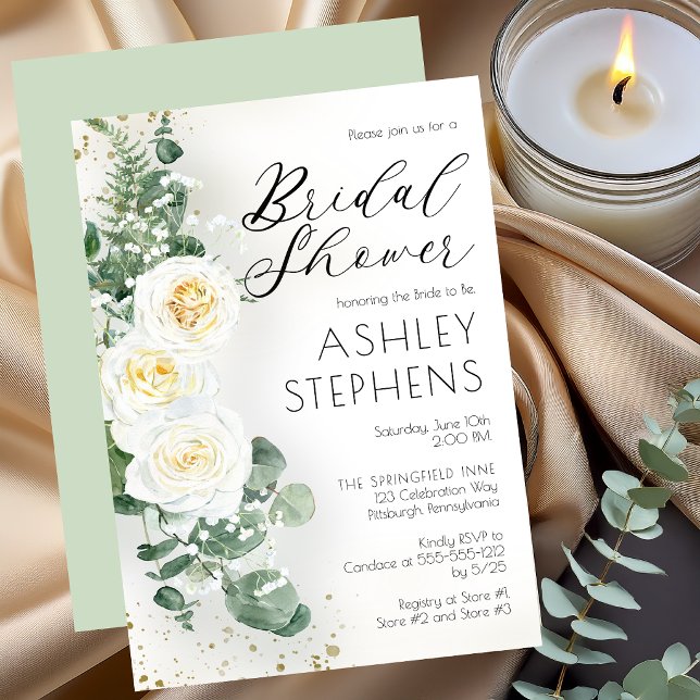 Invitación Flor de rosa blanca Boho | Ducha nupcial de Eucaly (Dusty Sage Romantic White Roses | Eucalyptus Bridal Shower Invitation)