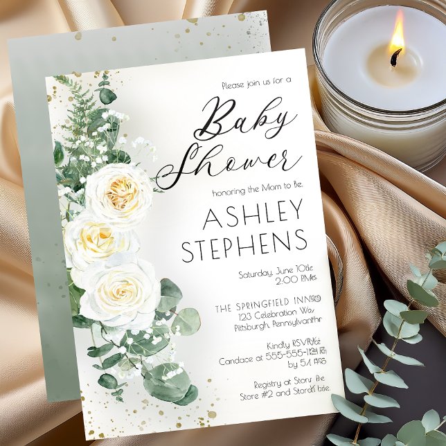 Invitación Flor de rosa blanca Boho | Eucalyptus Baby Shower (Boho White Roses and Eucalyptus Floral Baby Shower Invitation )