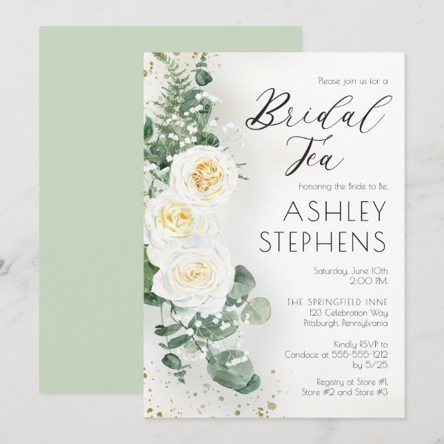 Invitación Flor de rosa blanca Boho | Eucalyptus Bridal Tea (Anverso / Reverso)