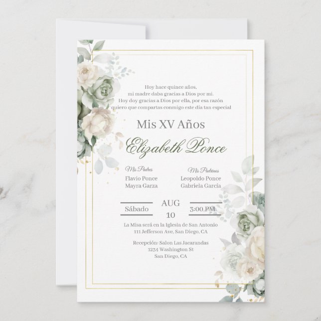 Invitación Flor de salvia verde Quinceanera (Anverso)
