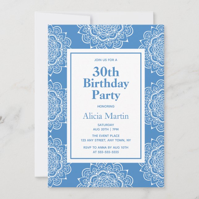 Invitación Flor de seda azul y Mandala blanca 30 cumpleaños (Anverso)
