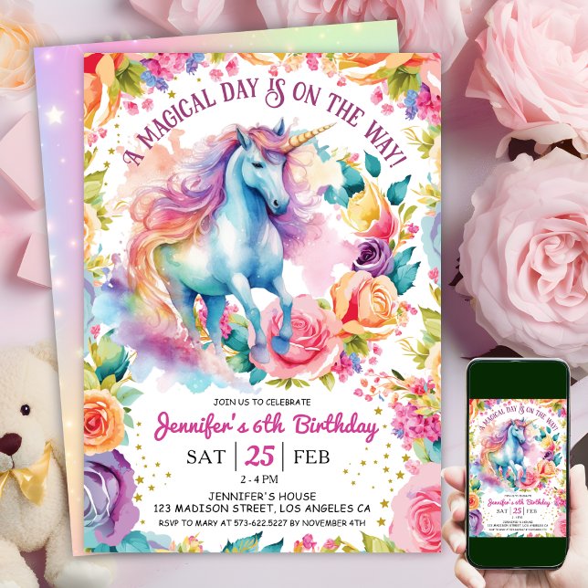 Invitación Flor de Unicornio Arcoíris | 6º Cumpleaños (#UnicornBirthdayInvitation #UnicornBirthdayInvitationTemplate #UnicornBirthdayInvitationEditable)