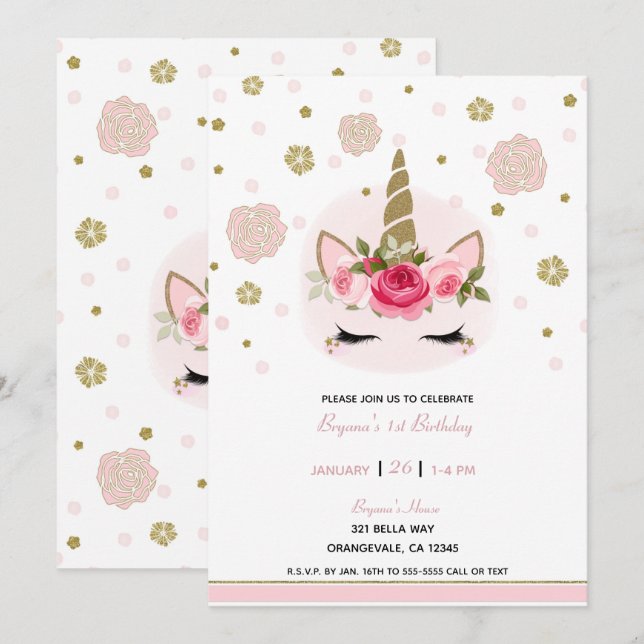 Invitación Flor de Unicornio Rosa y Dorado Cumpleaños (Anverso / Reverso)