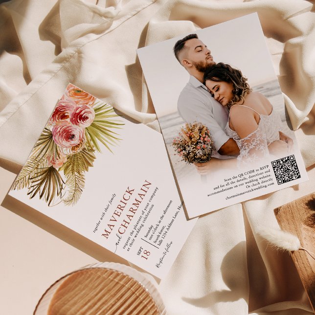 Invitación Flor desecada del Boho tropical | Boda de código Q (Subido por el creador)