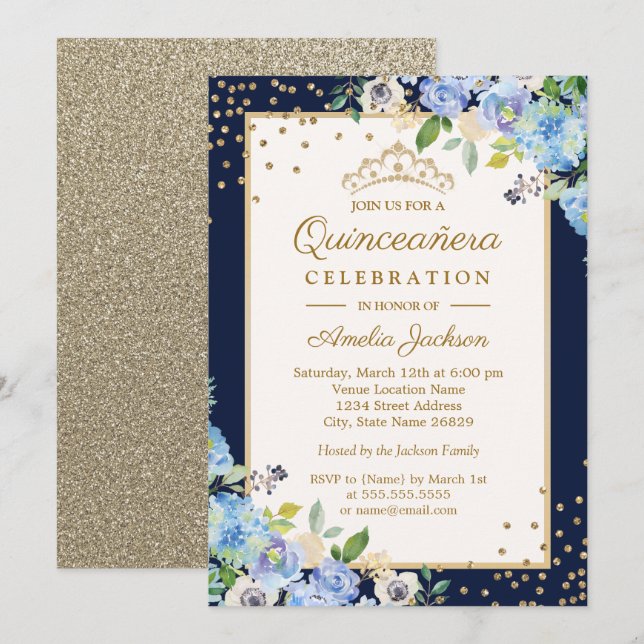 Invitación Flor dorada azul Sparkle Quinceanera (Anverso / Reverso)