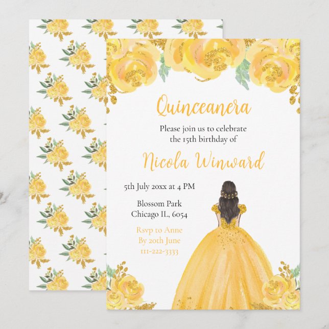 Invitación Flor dorada de pelo pardo Princesa de oro Quincean (Anverso / Reverso)