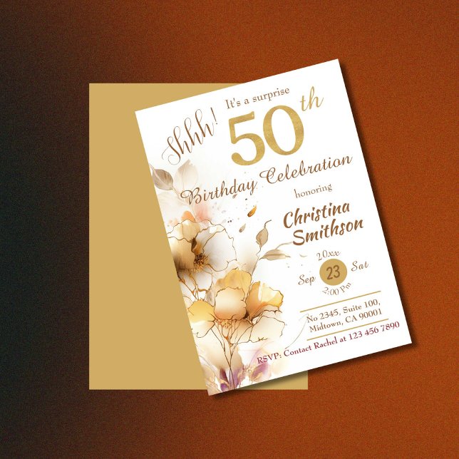 Invitación Flor dorada elegante sorpresa 50 cumpleaños (Subido por el creador)