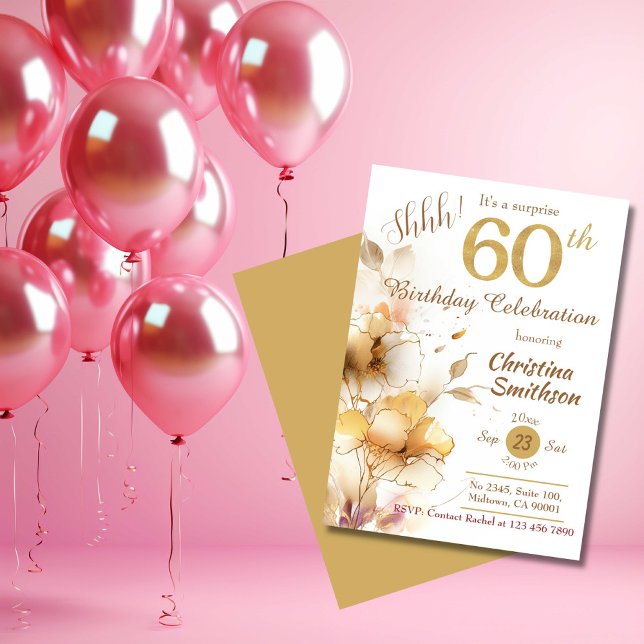 Invitación Flor dorada elegante sorpresa 60 cumpleaños (Subido por el creador)