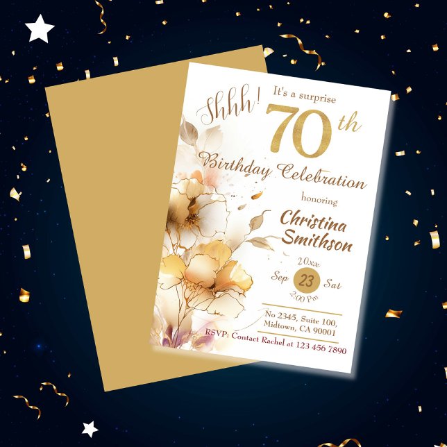 Invitación Flor dorada elegante sorpresa 70 cumpleaños (Subido por el creador)