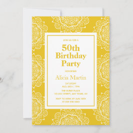 Invitación Flor dorada marrón y blanca de Mandala 50 cumpleañ