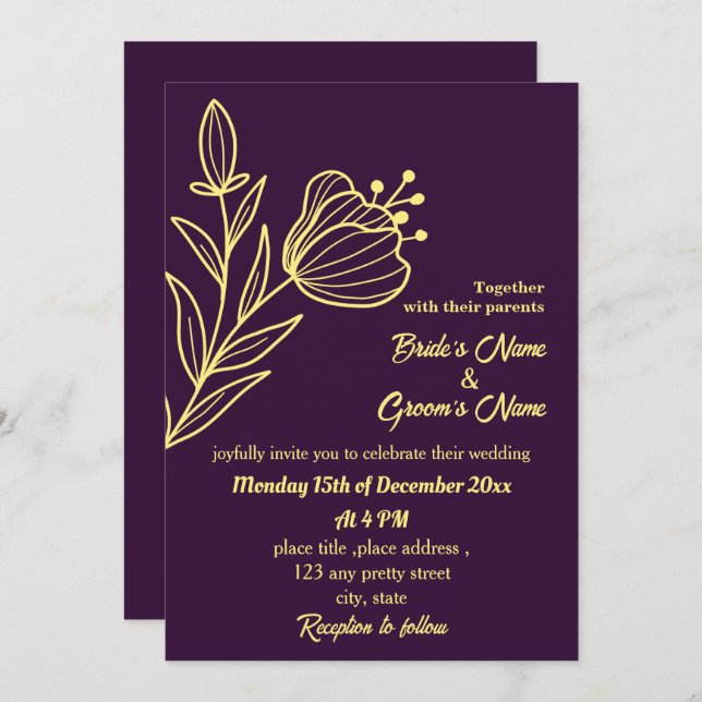Invitación Flor dorada romántica y elegante (Anverso / Reverso)