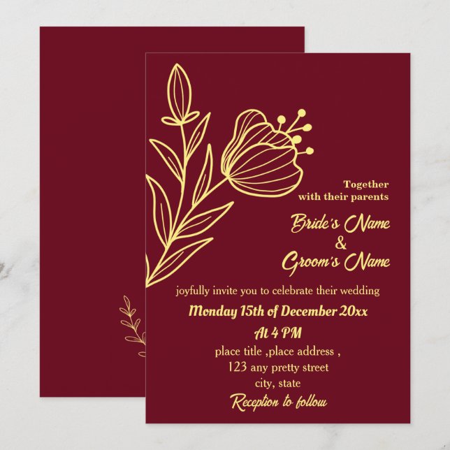 Invitación Flor dorada romántica y elegante (Anverso / Reverso)