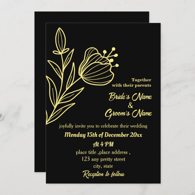 Invitación Flor dorada romántica y elegante (Anverso / Reverso)