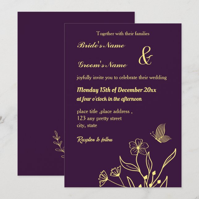 Invitación Flor dorada romántica y elegante (Anverso / Reverso)
