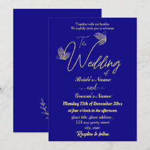 Invitación Flor dorada romántica y elegante azul real