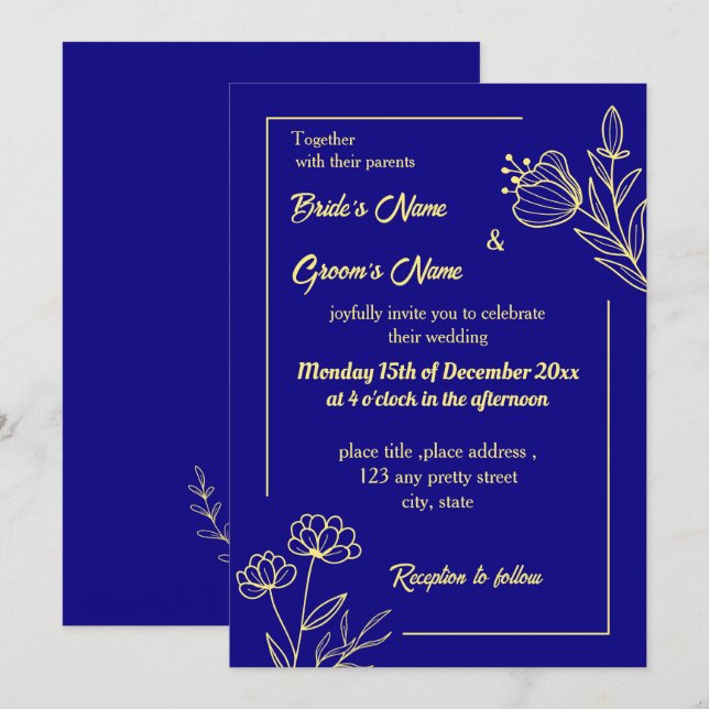 Invitación Flor dorada romántica y elegante azul real (Anverso / Reverso)