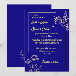Invitación Flor dorada romántica y elegante azul real
