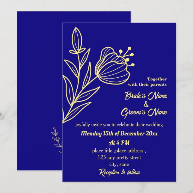 Invitación Flor dorada romántica y elegante azul real (Anverso / Reverso)