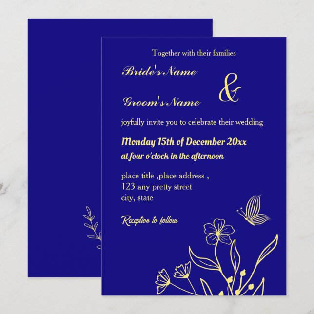 Invitación Flor dorada romántica y elegante azul real (Anverso / Reverso)