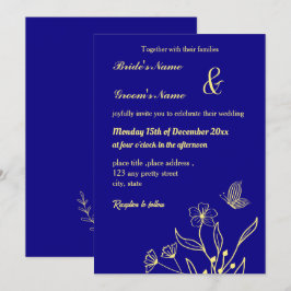 Invitación Flor dorada romántica y elegante azul real