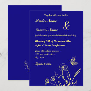 Invitación Flor dorada romántica y elegante azul real