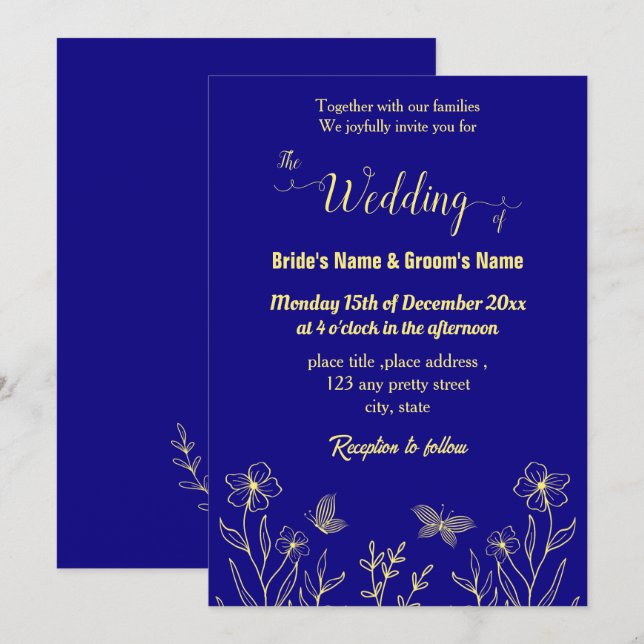 Invitación Flor dorada romántica y elegante azul real (Anverso / Reverso)