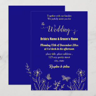 Invitación Flor dorada romántica y elegante azul real