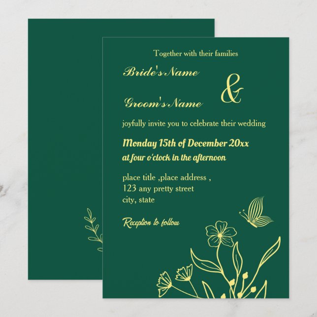 Invitación Flor dorada romántica y elegante verde esmeralda (Anverso / Reverso)