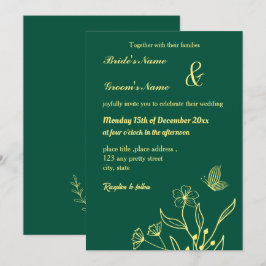 Invitación Flor dorada romántica y elegante verde esmeralda
