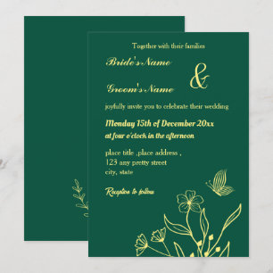 Invitación Flor dorada romántica y elegante verde esmeralda