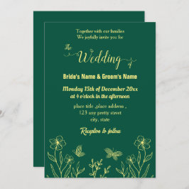 Invitación Flor dorada romántica y elegante verde esmeralda
