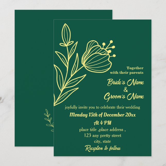 Invitación Flor dorada romántica y elegante verde esmeralda (Anverso / Reverso)
