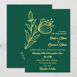 Invitación Flor dorada romántica y elegante verde esmeralda