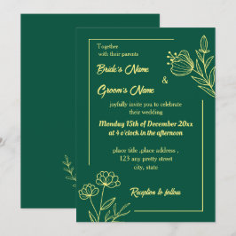 Invitación Flor dorada romántica y elegante verde esmeralda