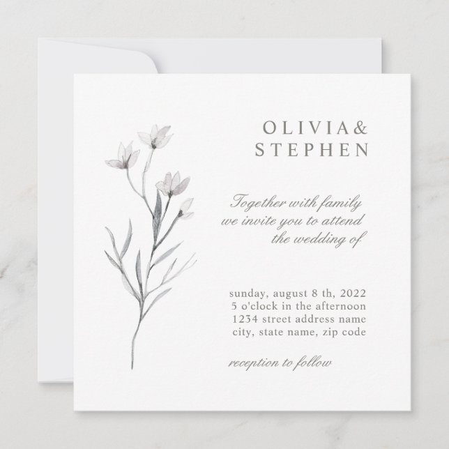 Invitación Flor elegante. Boda blanco negro formal simple (Anverso)