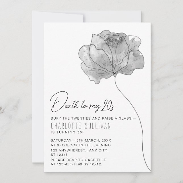 Invitación Flor elegante "Muerte a mis 20 años" cumpleaños nú (Anverso)