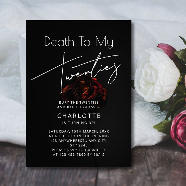 Invitación Flor elegante "Muerte a mis 20 años" cumpleaños nú ( Elegant Flower _Death to My 20s_ 30th Birthday Invitation)