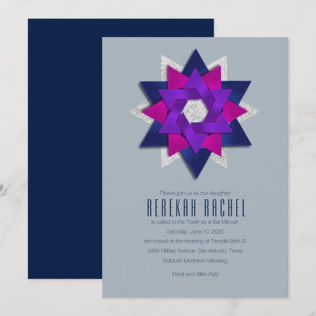 Invitación Flor estrella de la marina rosa púrpura Bat Mitzva (Anverso / Reverso)